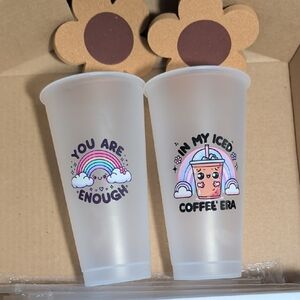 Frosted Cups with Rainbow and Coffee Designs